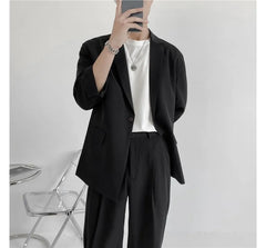 Set: 3/4-Sleeve One-Buttoned Blazer + High Waist Straight Leg Dress Pants