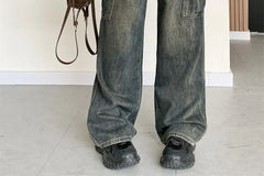 High Rise Washed Wide Leg Cargo Jeans