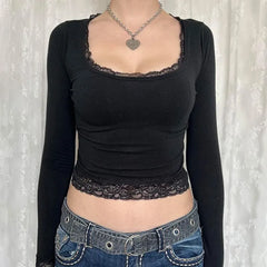 Long Sleeve Scoop Neck Lace-Trim Plain Slim-Fit Crop Top