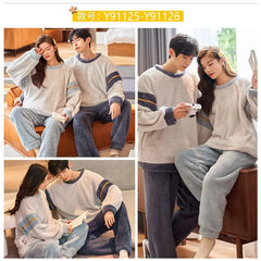 Couple Matching Pajama Set: Crew Neck Striped Sweatshirt + Plain Pants