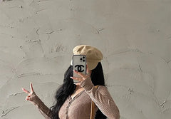 Long-Sleeve V-Neck Plain Knit Top / High Waist Plain Mini Pencil Skirt