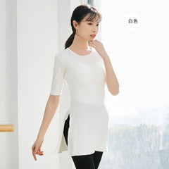 Elbow-Sleeve Plain Side-Slit Dance T-Shirt
