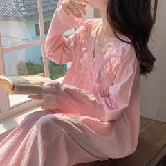 Pajama Set: Long-Sleeve V-Neck Lace Trim Top + Pants