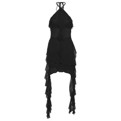 Halter Neck Plain Asymmetrical Mesh Panel Ruffle Trim Open Back Mini Bodycon Dress