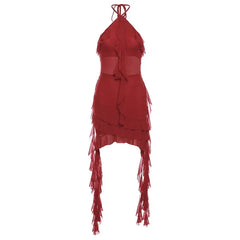 Halter Neck Plain Asymmetrical Mesh Panel Ruffle Trim Open Back Mini Bodycon Dress