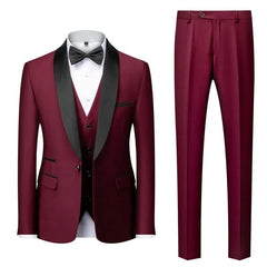 Set: Shawl Lapel Two Tone Single Breasted Blazer + V-Neck Button Vest + Mid Rise Plain Straight Leg Dress Pants