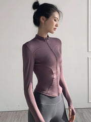 Long-Sleeve Mock Neck Plain Zip Slim Fit Sports Top