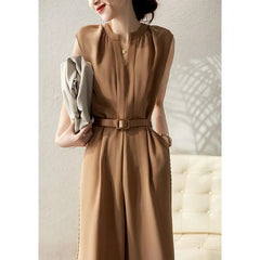 Set: Sleeveless Notch Neck Plain Wide Leg Jumpsuit + Belt