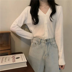 V-Neck Plain Ribbed Button-Up Cardigan