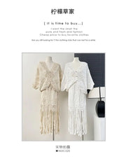 Lace V-Neck Shirt / Fringed High-Waist Pencil Skirt