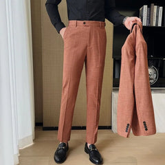Set: Lapel Collar Melange Single-Breasted Blazer + V-Neck Vest + Mid Rise Straight Leg Dress Pants
