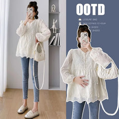 Maternity Long-Sleeve Lace Flowy Blouse
