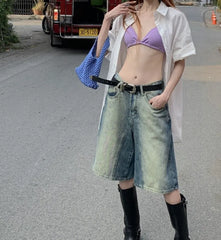 High Waist Washed Wide Leg Denim Shorts