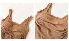 Square Neck Plain Ruched Padded Crop Tank Top