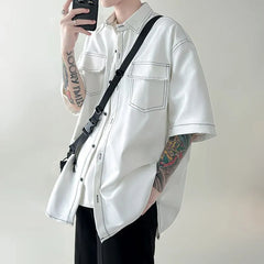 Short-Sleeve Contrast Stitched Button-Up Shirt