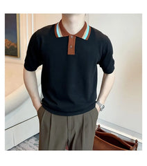 Short-Sleeve Striped Collar Knit Polo Top