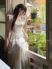 Sleeveless Square Neck Plain Ruffle Maxi A-Line Dress