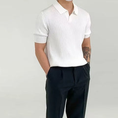 Short Sleeve V-Neck Plain Ribbed Knit Polo Top