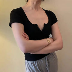 Short Sleeve Half-Button Plain Slim-Fit Crop Top