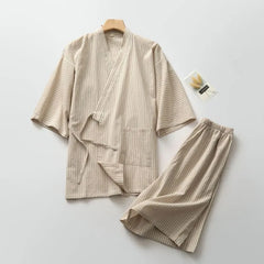Pajama Set: 3/4-Sleeve Striped Kimono Top + Shorts