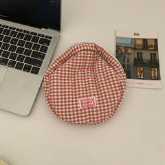 Lettering Applique Plaid Makeup Bag