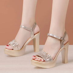 Chunky Heel Ankle Strap Glitter Ruched Sandals
