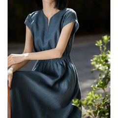 Cap-Sleeve Notch Neck Plain Midi A-Line Dress