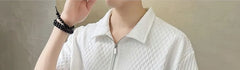 Set: Elbow-Sleeve Plain Textured Half-Zip Polo Shirt + Drawstring Waist Wide Leg Sweat Shorts