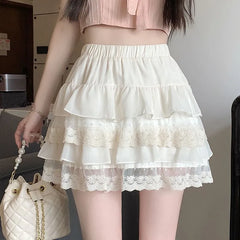 Balletcore Elastic Waist Lace Panel Tiered Mini A-Line Skirt