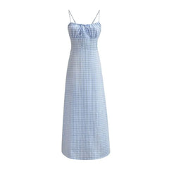 Spaghetti Strap Scoop Neck Gingham Tie Front Maxi A-Line Dress