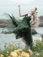 Set: Spaghetti Strap Leaf Accent Bow Asymmetrical Midi A-Line Dress + Choker