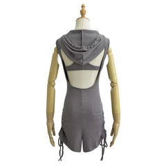 Sleeveless Henley Plain Hooded Drawstring Romper