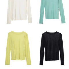 Long-Sleeve Round Neck Plain Mesh T-Shirt