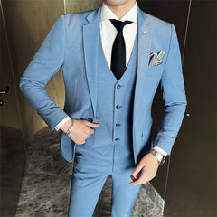 Set: Lapel Collar Plain Single Button Blazer + Mid Rise Plain Dress Pants + V-Neck Plain Single Breasted Vest