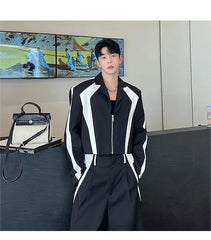 Set: Lapel Collared Two Tone Zip Blazer + Mid Rise Two Tone Straight Leg Dress Pants