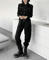Long-Sleeve Collared Plain Zipped Half-Buttoned Straight Leg Cargo Jumpsuit