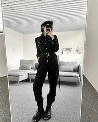 Long-Sleeve Collared Plain Zipped Half-Buttoned Straight Leg Cargo Jumpsuit