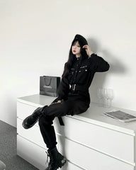 Long-Sleeve Collared Plain Zipped Half-Buttoned Straight Leg Cargo Jumpsuit
