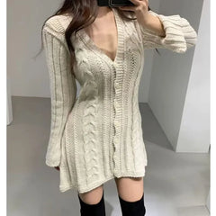 Long-Sleeve V-Neck Plain Cable Knit Button-Up Mini A-Line Dress