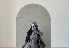 Long-Sleeve Plain Hooded Drawstring Romper