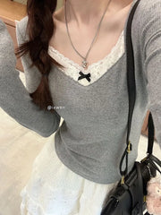 Long Sleeve Square-Neck Lace-Trim Accent Slim-Fit Top