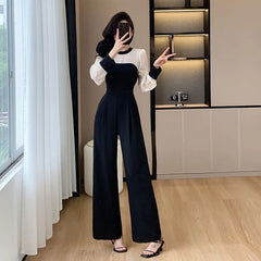Long Sleeve Round Neck Two Tone Wide Leg Jumpsuit