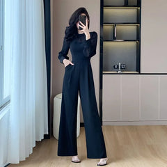 Long Sleeve Round Neck Two Tone Wide Leg Jumpsuit