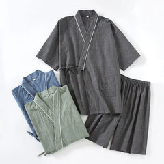 Pajama Set: Elbow-Sleeve Contrast Trim Kimono Top + Shorts