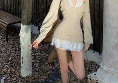Halter V-Neck Lace Mini A-Line Dress / Plain Sweater
