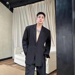 Set: Lapel Collar Plain Slit Button Blazer + Mid Rise Plain Dress Pants