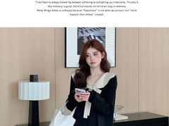 Maternity Long Sleeve Collared Two Tone Bow Midi A-Line Breastfeeding Dress