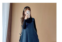 Maternity Striped Button Midi A-Line Jumper Dress / Long Sleeve Mock Neck Plain Ribbed Knit Top