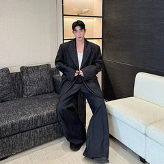 Set: Plain Sing-Breasted Blazer + High Waist Wide Leg Pants