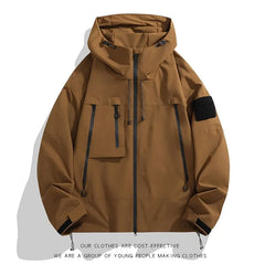Stand Collar Drawstring Hooded Zip Windbreaker